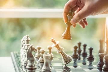 Businessman playing chess Plan of leading strategy successful business leader concept.business...