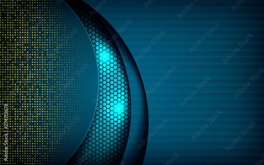 Poster blue abstract dimension on dark hexagon background. overlap layers texture with golden glitters and 