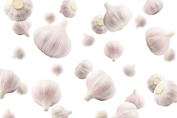 Falling garlic, isolated on white background, selective focus