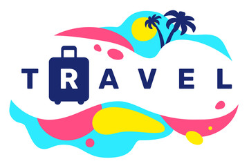 Vector creative illustration of travel word typography with suitcase and palm tree icon on color background with abstract shape.