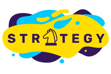 Vector creative illustration of business strategy word typography with knight chess piece icon on color background with abstract shape.