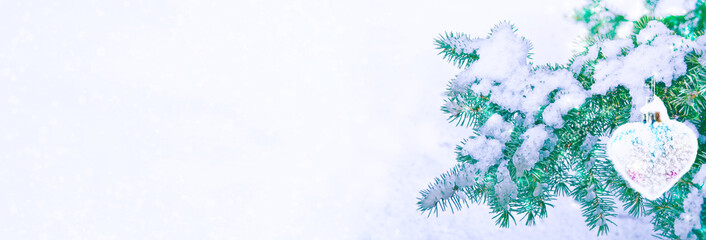 Christmas tree decorated with bright toys. Card.