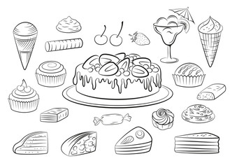 Set of Sweet Food Pictograms, Cake, Pastries, Ice Cream, Berries and Sweets. Black Contours Isolated on White Background. Vector