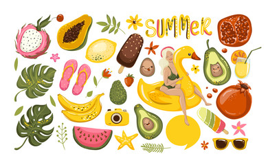 Summer set with hand drawn travel elements. Ice cream, watermelon, leaves, pomegranate, sandals, avocado, banana, calligraphy and other. Vector illustration EPS10