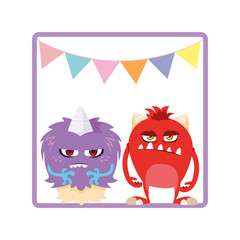 square frame with funny monsters and garlands hanging