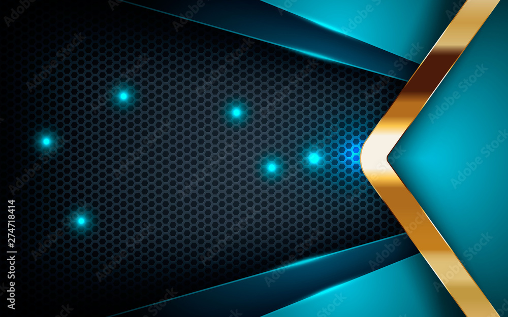 Poster blue abstract dimension on dark hexagon background. overlap layers texture with golden list and blue