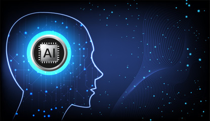 AI microchip with head figure and abstract lines on space background