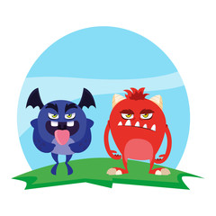 funny monsters couple in the field characters colorful