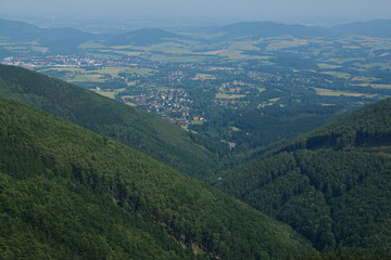 Panoramic view from the trail from Pustevny to Radhost in Beskydy in Czech republic