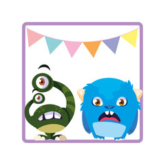 square frame with funny monsters and garlands hanging