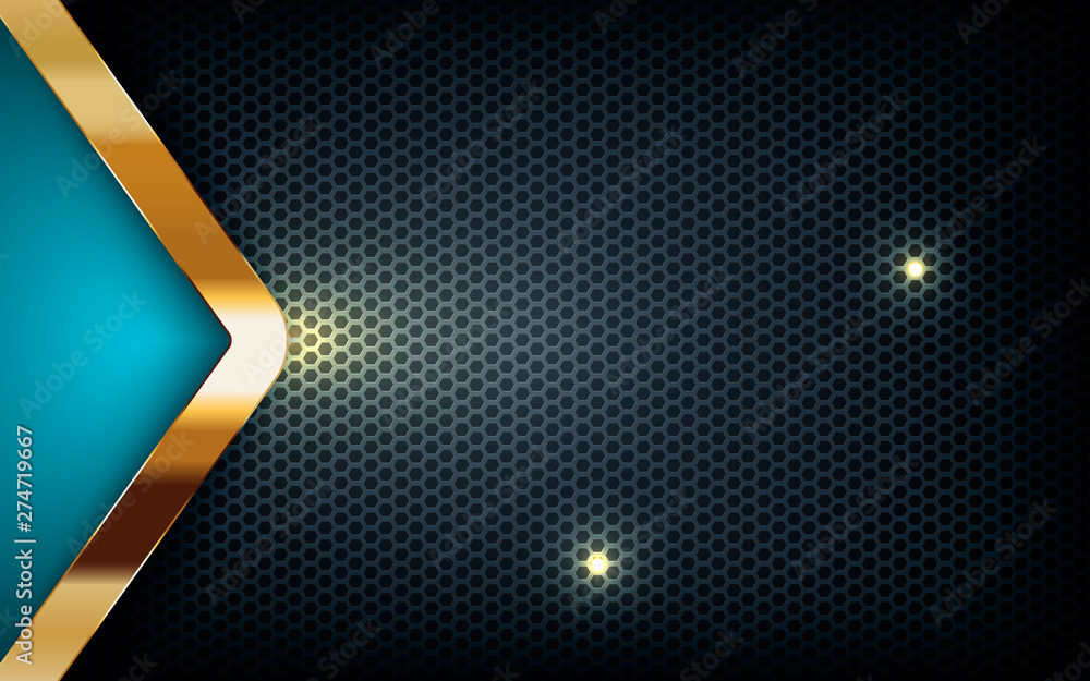 Poster Blue abstract dimension on dark hexagon background. Overlap layers texture with golden list and blue lights element decoration.