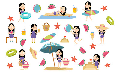 Set girl with long black hair and swimsuits on the beach. Summer holidays. Beach relax, games and surfing. Vector illustration
