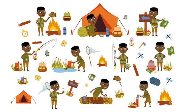 Set African American boy black tourist nature. Camping. Fishing, overnight in a tent, picking mushrooms, fun and relaxation. Children's camp. Scouts. Cute Vector Illustration