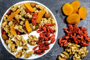 Healthy Breakfast of Cereals With Dried Fruit and Nuts