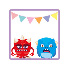 square frame with funny monsters and garlands hanging