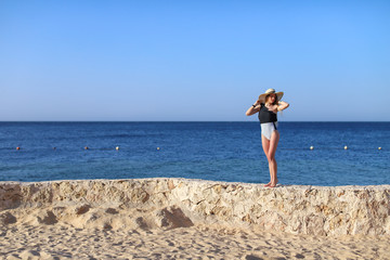 Young pretty hot sexy attractive girl relaxing in swimsuit on stones with blue sea and sky on background. Summer Vacation Concept. Back View