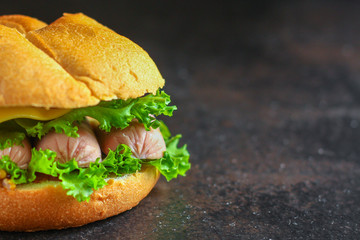 burger with sausages, cf, lettuce, tomato sauce (snack sandwich, kaiser bun). top food background. copy space