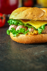 burger with sausages, cf, lettuce, tomato sauce (snack sandwich, kaiser bun). top food background. copy space