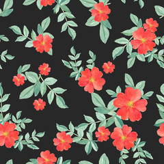 seamless pattern watercolor of red rose and green leaves on black, hand painted  plant illustration for fashion textile