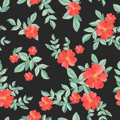 Tuinposter seamless pattern watercolor of red rose and green leaves on black, hand painted  plant illustration for fashion textile © plalek