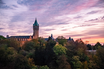 Panoramic view of the old city of Luxembourg at sunset