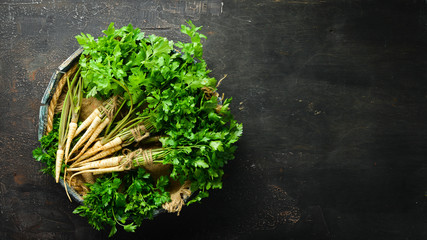 Root parsley on a wooden background. Top view. Free space for your text. - obrazy, fototapety, plakaty
