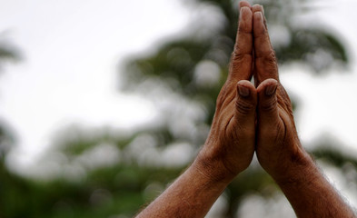  Closeup of hands in yoga mudra or pose over or above head in outdoors     