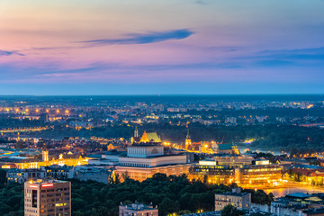 Fototapeta na wymiar Evening Aerial View Of Warsaw City In Poland