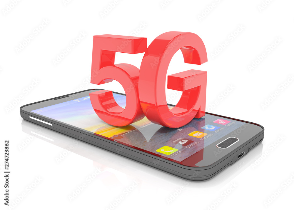 Poster 3d rendering of a smartphone with the capital letters 5g in red