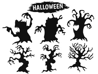 Black Shadow Haunted Tree Icon Set During Halloween Festival.