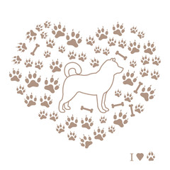 Shiba Inu silhouette on a background of dog tracks and bones in the form of heart.