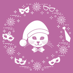 Muzzle of a cat in a Christmas hat and carnival masks, snowflakes, glasses, tie. Carnival festive concept.