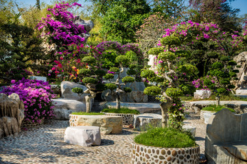 Luxury landscape design of the tropical garden. Beautiful view of tropical landscape