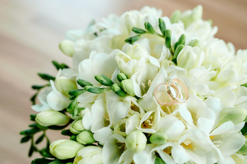 Newly wed couple's hands with wedding rings