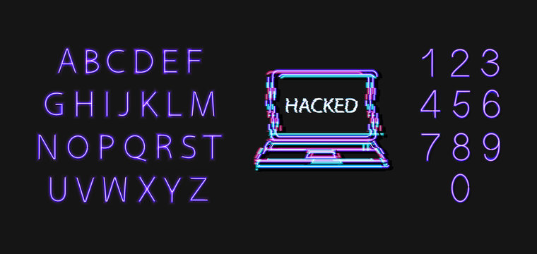 Vector Neon Font and Hacked Glith Effect Laptop Icon Isolated, Glowing Illustration Template, Design Elements Set.