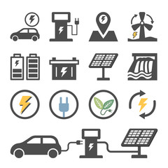 Electric car icon set. battery, charger, station, socket, rechargeable and more.