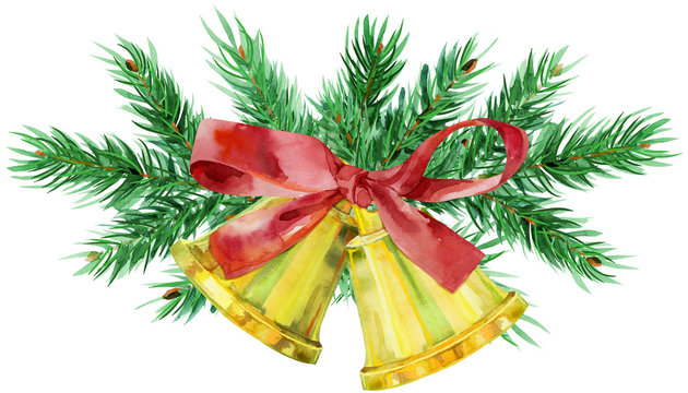 Golden watercolor christmas bells with red bow and spruce branches on white background