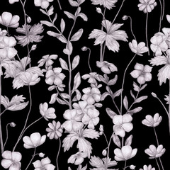 Seamless pattern of monochrome pencil botanical sketches of wild flowers. Hand-drawn geranium, petunia and anemone on black background. Vintage style.