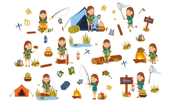 Set girl with fashionable hair decoration in tourist on nature. Camping. Fishing, overnight, picking mushrooms, fun and relaxation. Children's camp. Scouts. Cute Vector Illustration