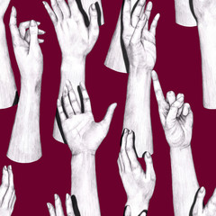 Original abstract seamless pattern. Hand gesture collection illustration, drawing, engraving, pencil, line art. Graphic sketches of beautiful human hands in various poses on crimson background.