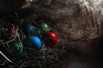 Easter painted eggs on burlap