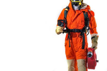 Firefighters and Fire hose coil  fire and rescue training school regularly to get ready - help, fire protection concept