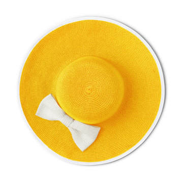 top view summer beach round straw yellow hat with white bow isolated on white background