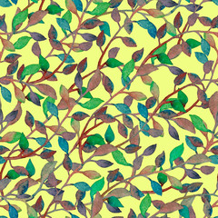 Beautiful botanical seamless pattern. Watercolor hand-drawn branches and colored leaves on yellow background. Delicate wallpaper for cards, wrapping paper for gifts, scrapbooking, print for fabrics.
