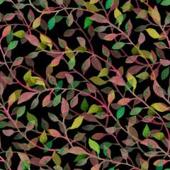 Beautiful botanical seamless pattern. Watercolor hand-drawn branches and colored leaves on black background. Delicate wallpaper for cards, wrapping paper for gifts, scrapbooking, print for fabrics.