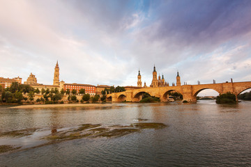 Ebro river passing through Zaragoza city in front of the basilica del Pilar