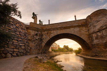 Fototapeta na wymiar Ebro river passing through Zaragoza city in front of the stone bridge