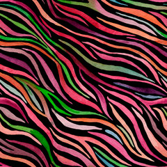 Watercolor seamless pattern. Abstract drawing. Colored lines on a black background. Perfect for wrappers, wallpapers, postcards, etc.