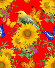 Seamless floral pattern. bird sits on a branch of bright red flowers, yellow sunflowers, green leaves, beautiful butterflies.