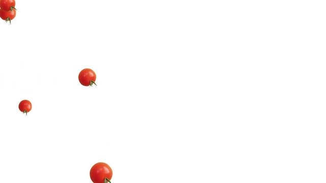 Cherry tomatoes falling on white background with space to insert your text. Health concept